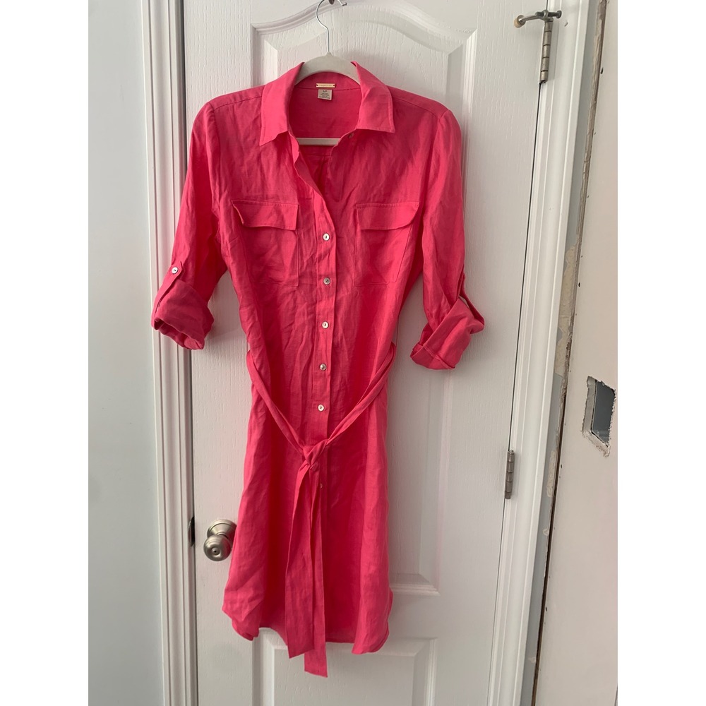 Magaschoni Hot Pink 100% Linen Belted Button Down Shirt Dress Small Barbie